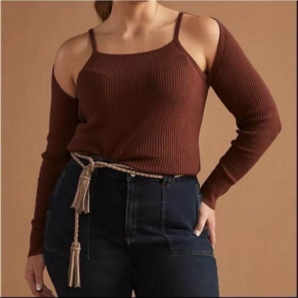 NWT Anthropologie Ribbed Cut Out pullover Sweater Top Brown Shrug & Knit Tank 2X
